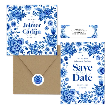 Trouwkaarten Delfts blauw bloemen origineel